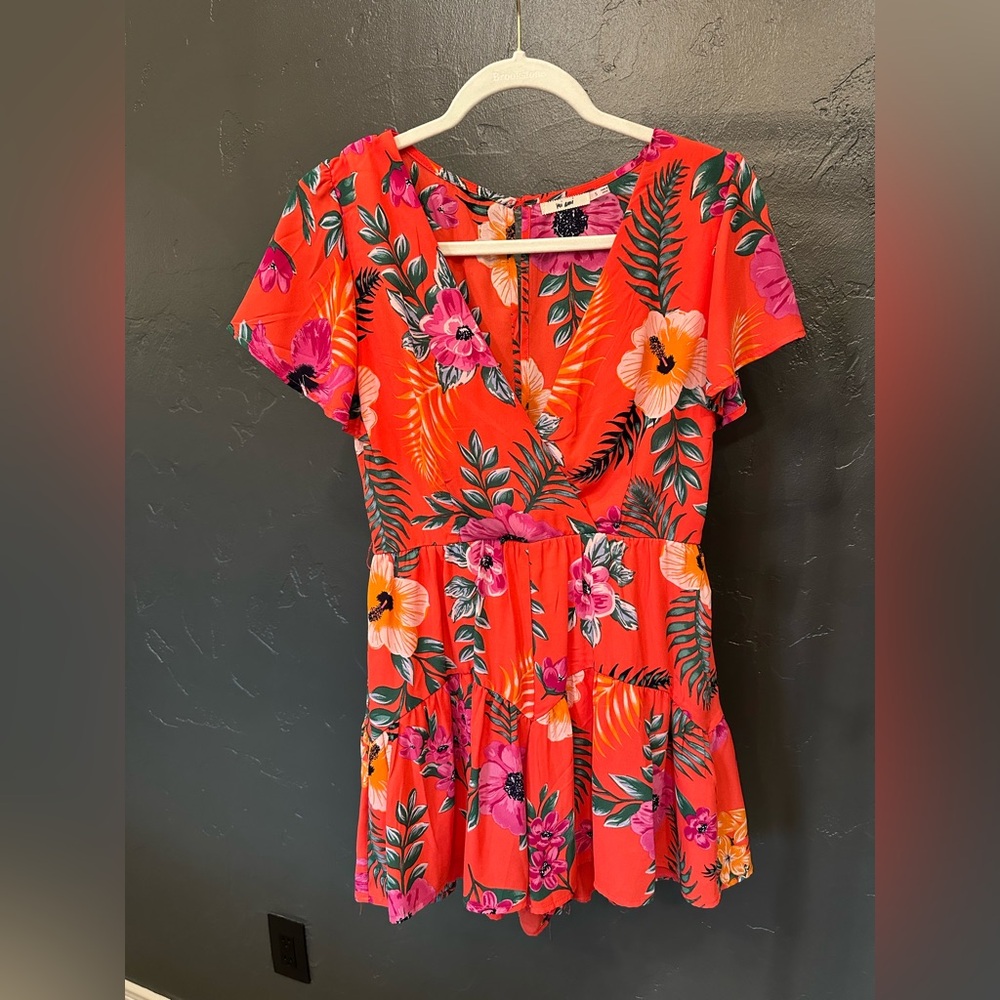 miami Bright Red Tropical Floral Romper